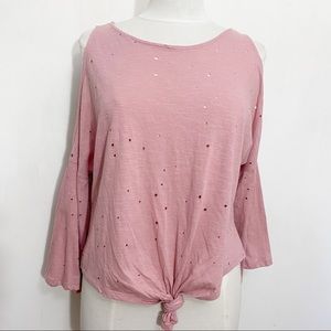 IRIS distressed with holes cold shoulder bell sleeves tie hem top cotton knit L